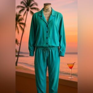 Vintage 80s Sandwashed Silk Set – Turquoise Jacket + Pants | Miami Resort Vibe